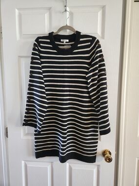 Madewell Black and White Striped Button-Trim Sweater Dress